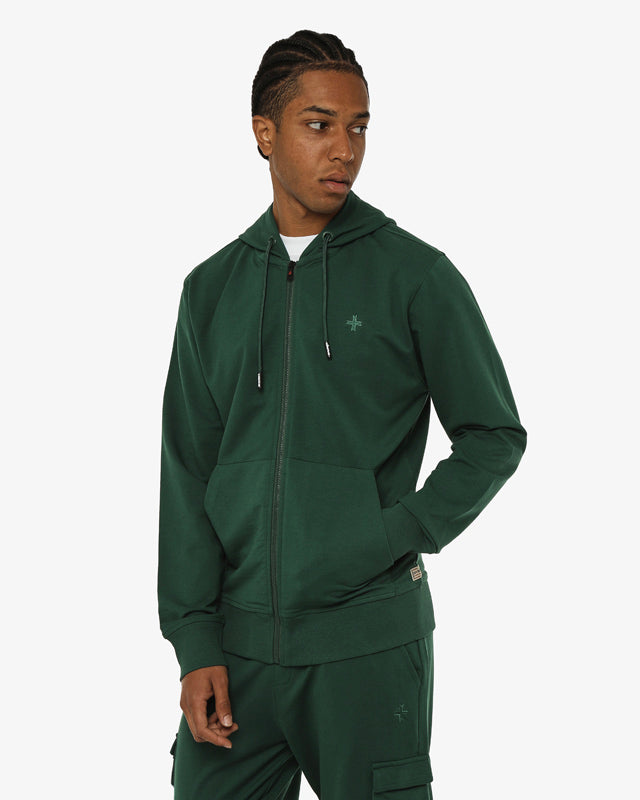 Felpa zip con cappuccio, logo ricamato lato cuore. Polso e fondo a coste