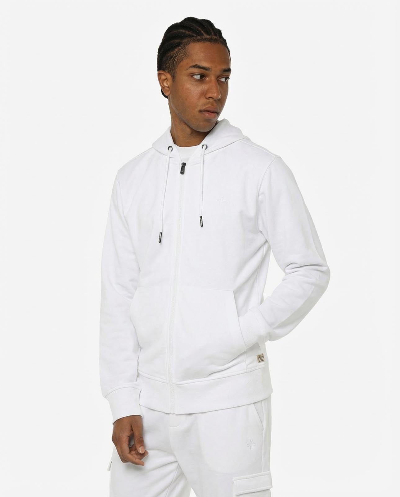 Felpa zip con cappuccio, logo ricamato lato cuore. Polso e fondo a coste