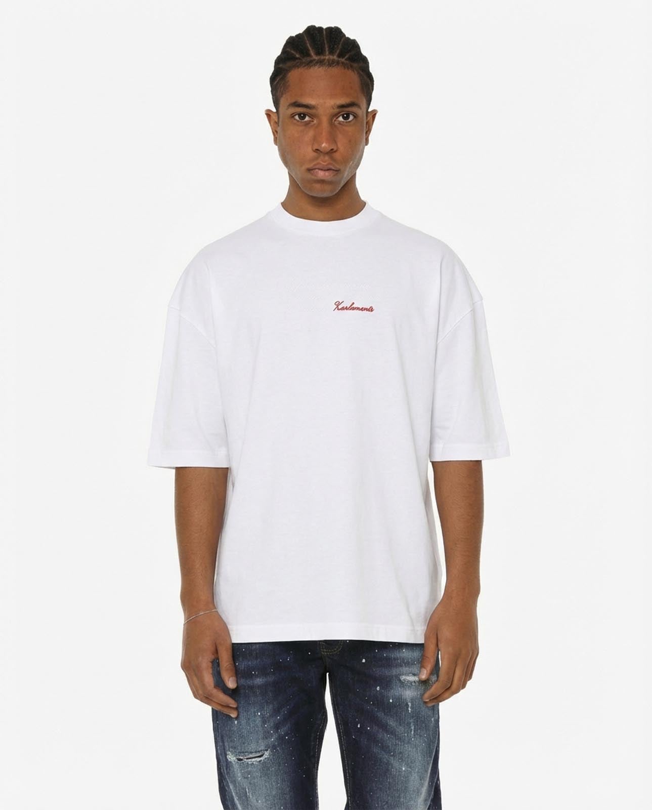 T-shirt girocollo maniche corte relaxed fit con taglio spalla e ricamo frontale