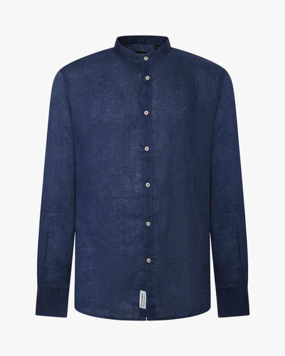 Camicia in puro lino con collo coreano e vestibilità regular