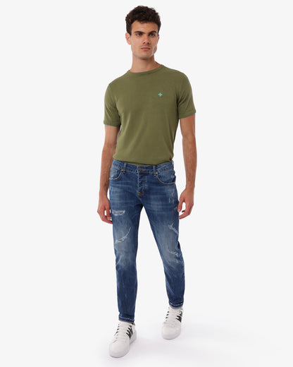 Jeans slim fit blu medio con accessori logati