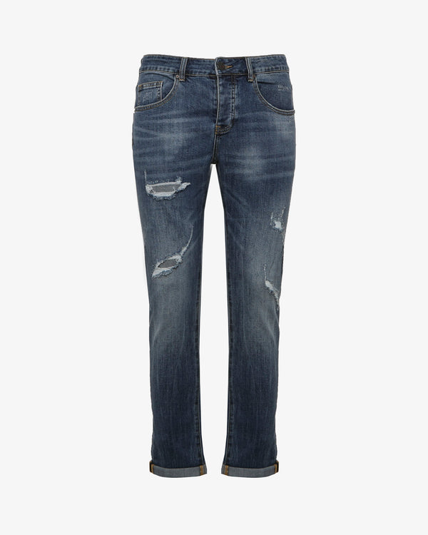 Jeans slim fit blu medio con accessori logati