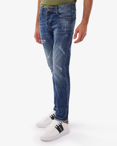Jeans slim fit blu medio con accessori logati