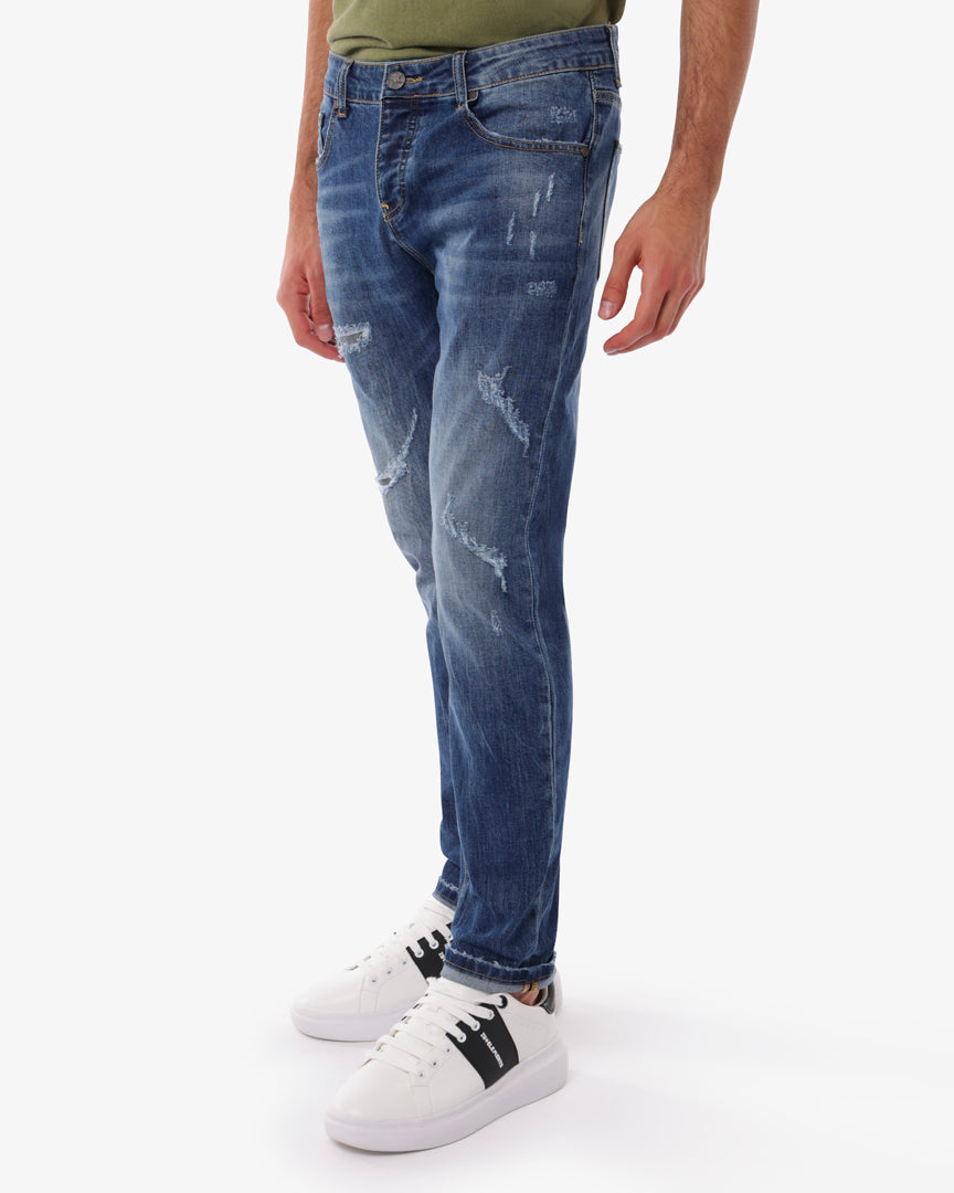 Jeans slim fit blu medio con accessori logati