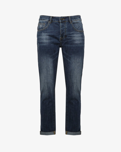 Jeans slim fit blu con accessori logati