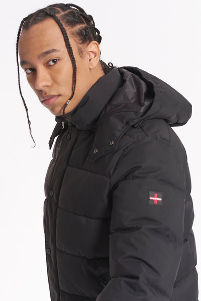 Jacket with hood, zip and button fastening