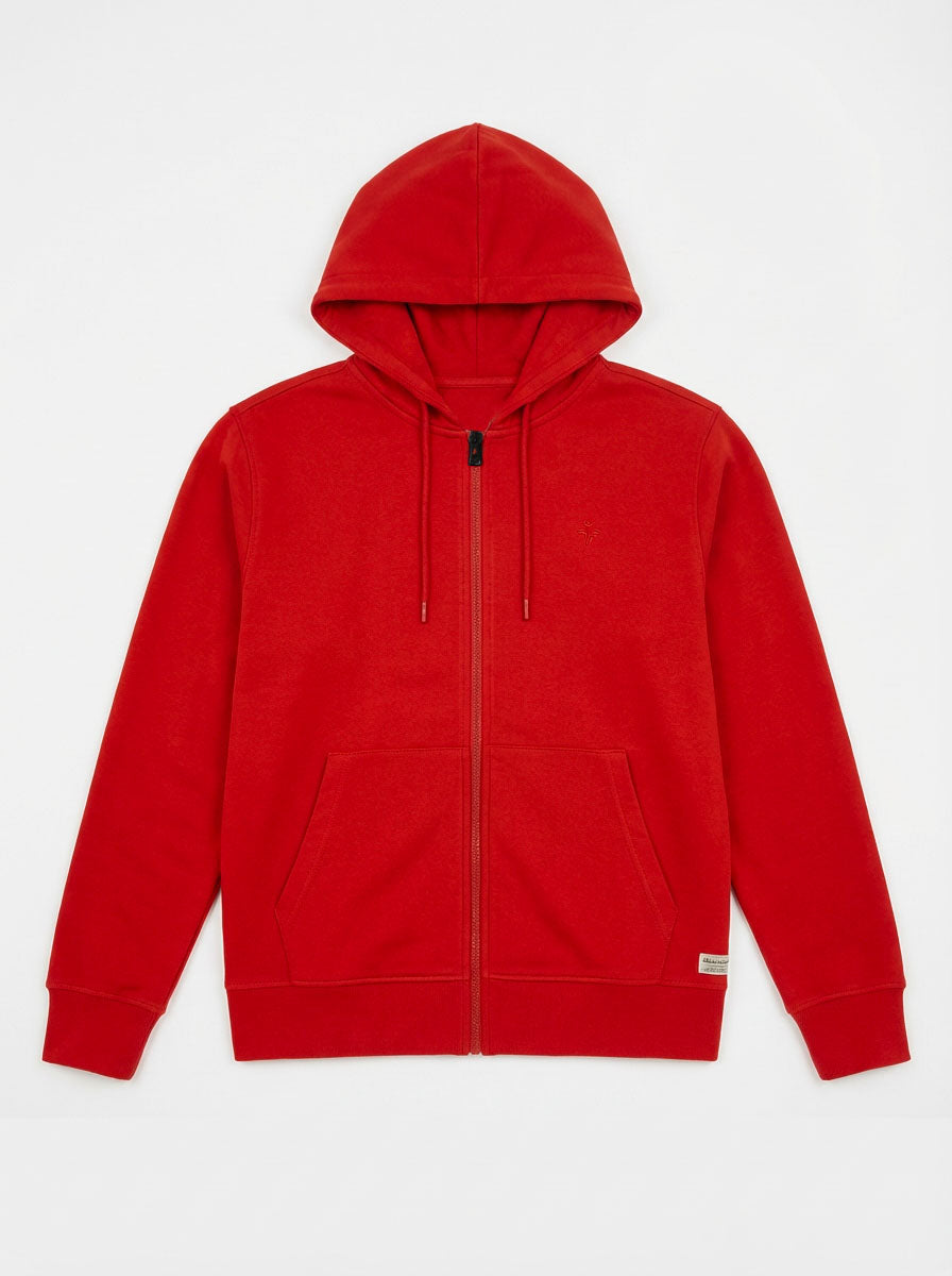 Felpa zip con cappuccio, logo ricamato lato cuore. Polso e fondo a coste