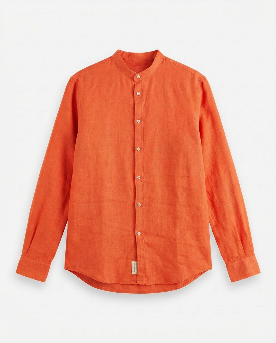 Camicia in puro lino con collo coreano e vestibilità regular