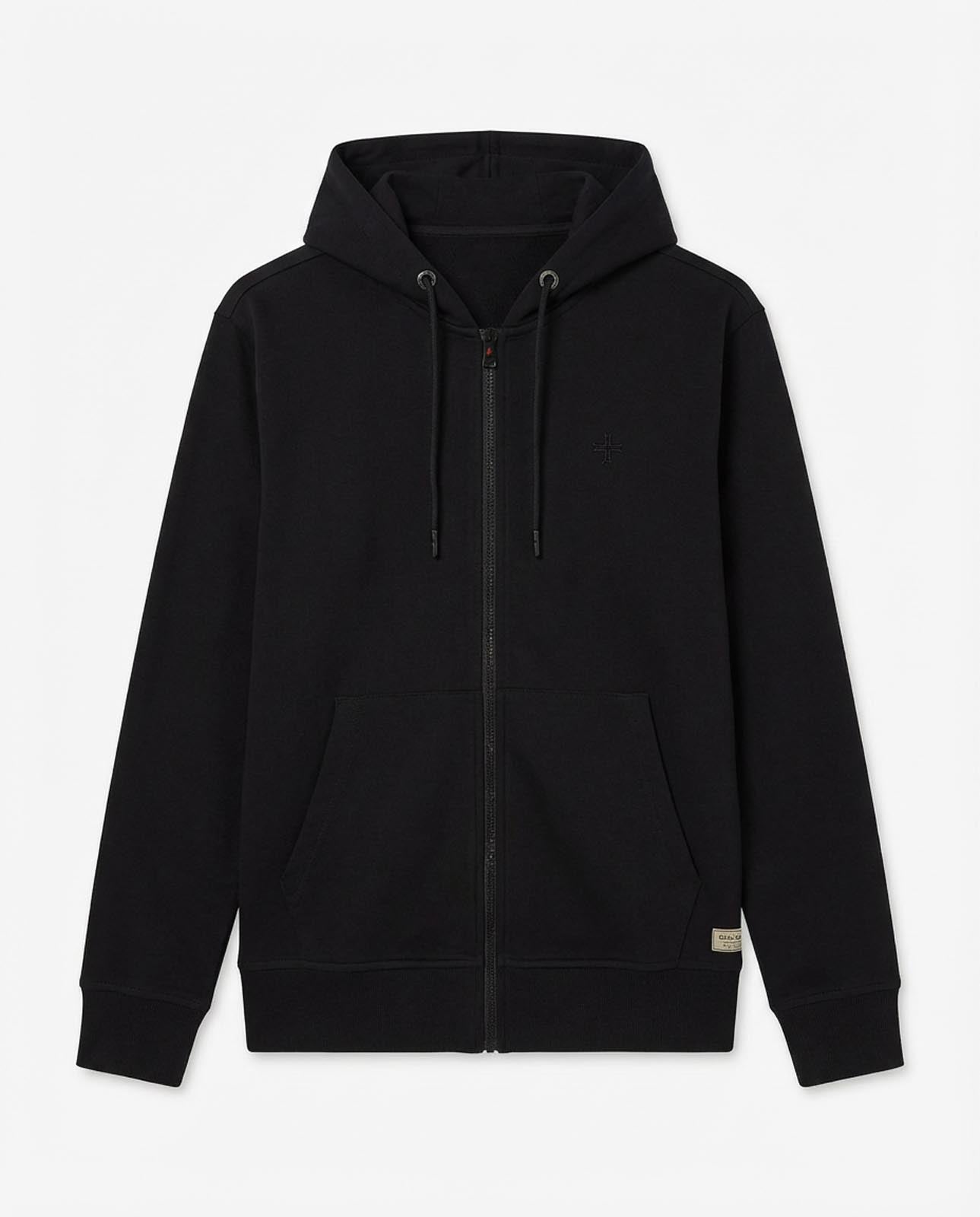 Felpa zip con cappuccio, logo ricamato lato cuore. Polso e fondo a coste