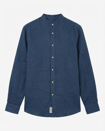 Camicia in puro lino con collo coreano e vestibilità regular