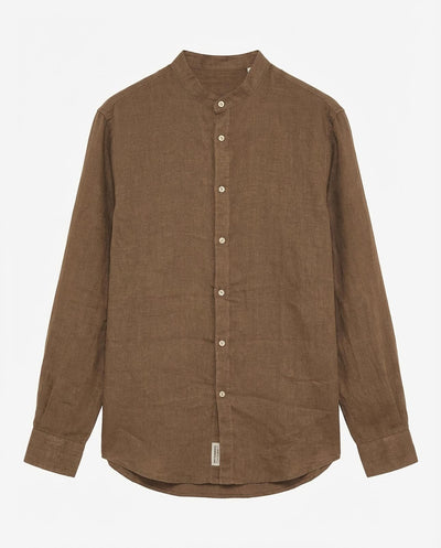 Camicia in puro lino con collo coreano e vestibilità regular