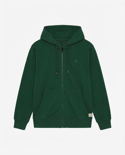 Felpa zip con cappuccio, logo ricamato lato cuore. Polso e fondo a coste