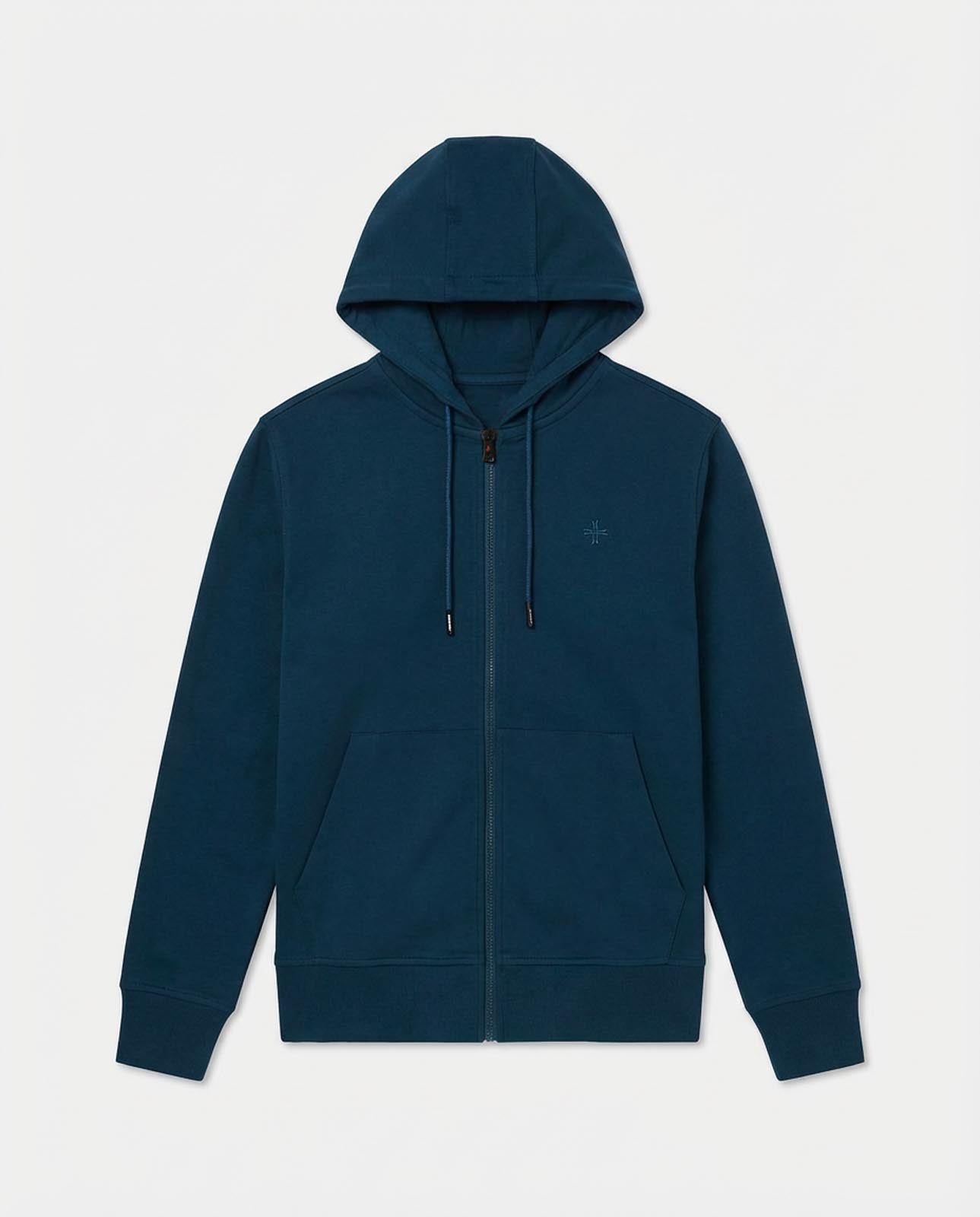 Felpa zip con cappuccio, logo ricamato lato cuore. Polso e fondo a coste