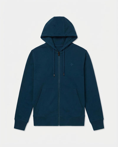 Felpa zip con cappuccio, logo ricamato lato cuore. Polso e fondo a coste