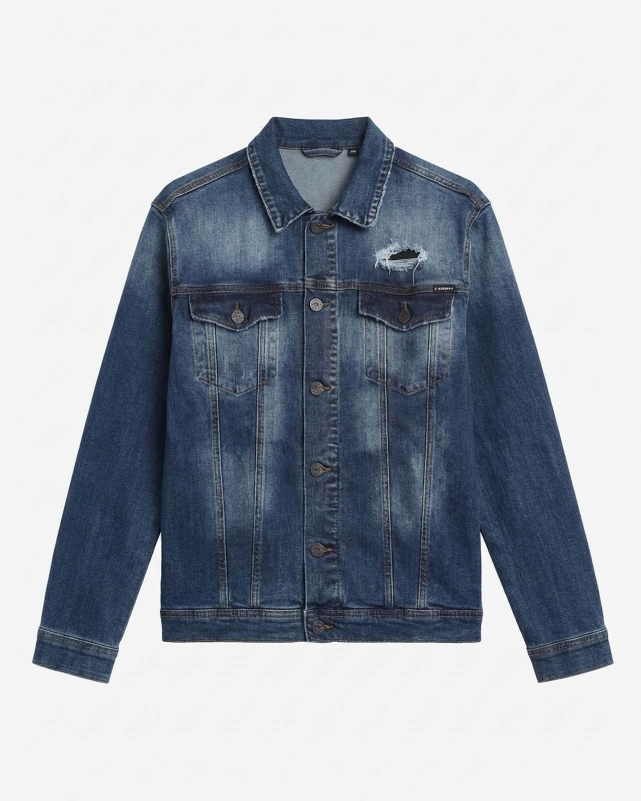 Giacca jeans in tono medium blue con tasche frontali