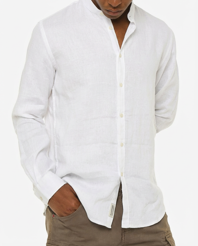 Camicia in puro lino con collo coreano e vestibilità regular