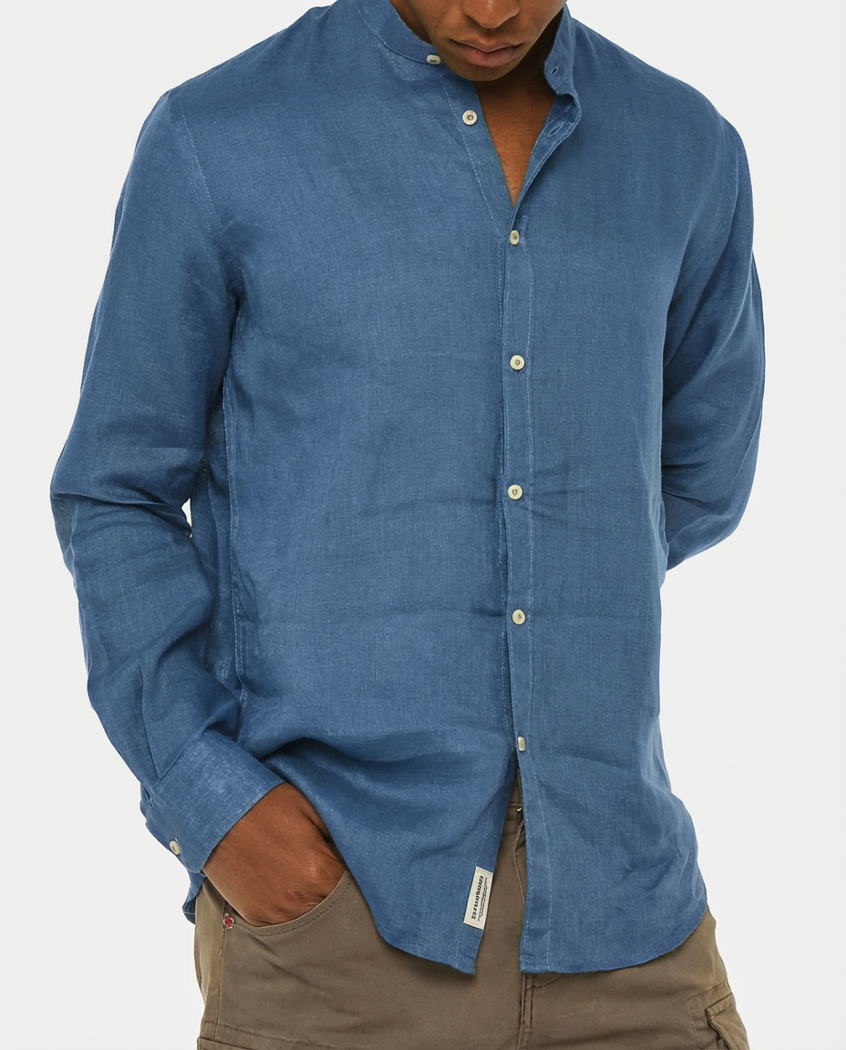 Camicia in puro lino con collo coreano e vestibilità regular