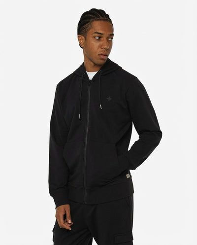 Felpa zip con cappuccio, logo ricamato lato cuore. Polso e fondo a coste