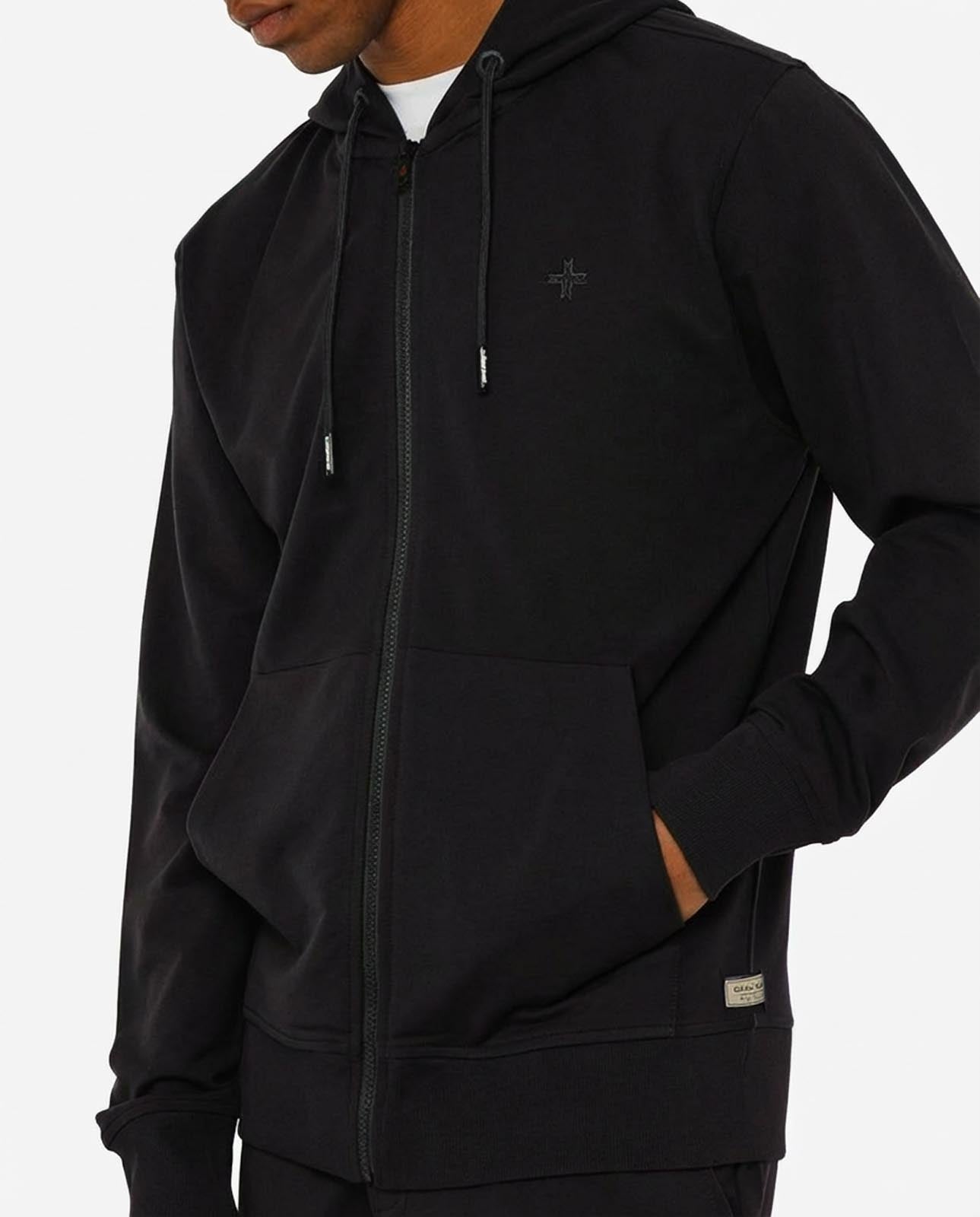 Felpa zip con cappuccio, logo ricamato lato cuore. Polso e fondo a coste