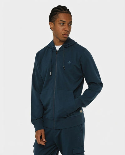 Felpa zip con cappuccio, logo ricamato lato cuore. Polso e fondo a coste