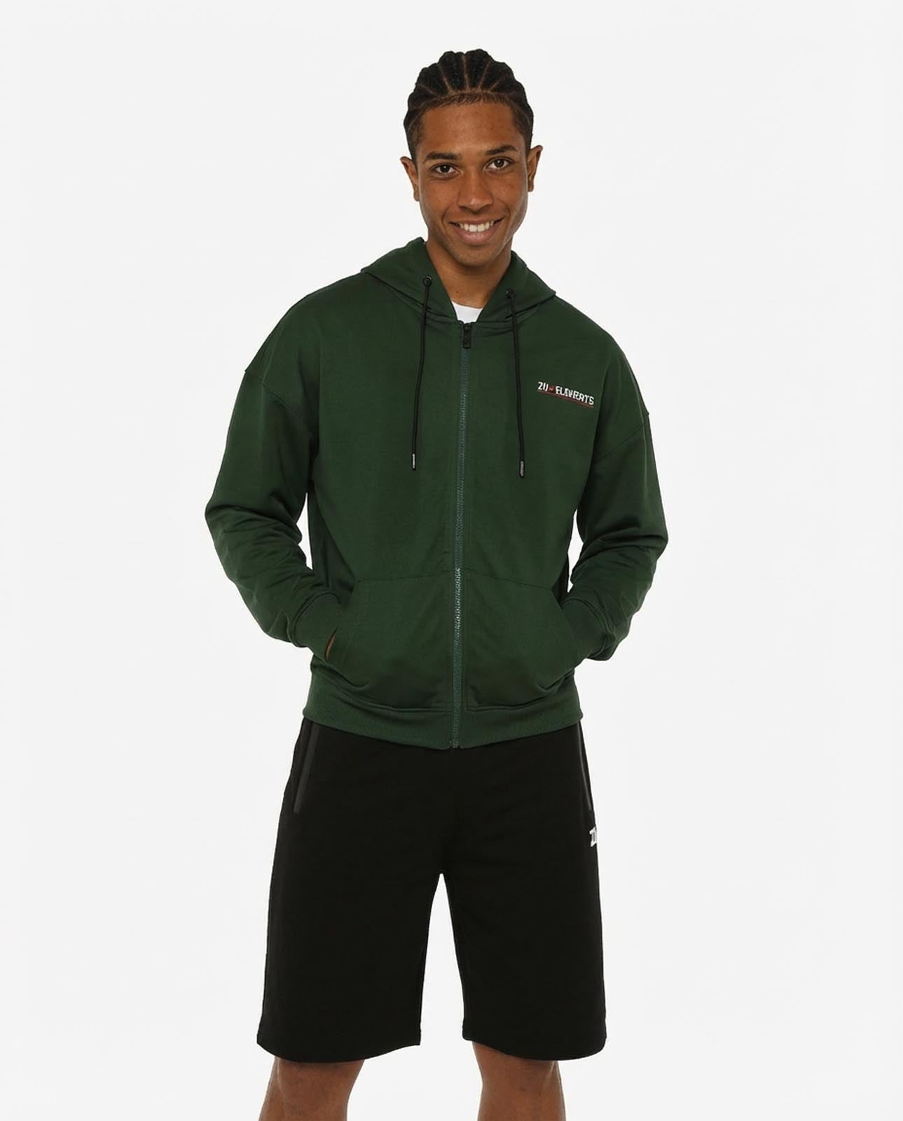 Felpa zip con cappuccio, logo stampato sul davanti e dietro, interno cappuccio in mesh