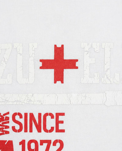 T-shirt girocollo maniche corte, stampa frontale, bandina laterale in gross grain applicata