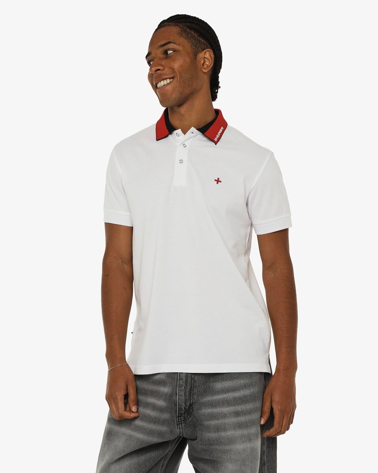 Polo in piquet, collo a contrasto con stampa